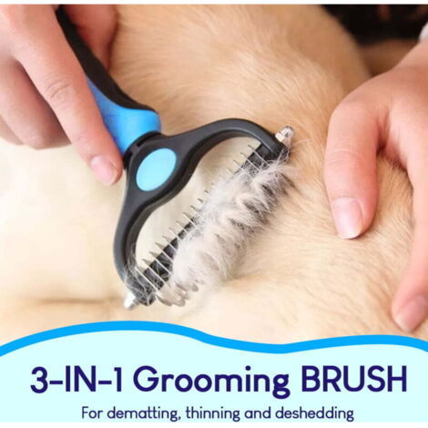 Brosse à poils pour animaux de compagnie, outil de toilettage professionnel pour chiens, chats, râteau à sous-poil double face pour chiens et chats (bleu grande taille) (1/4)