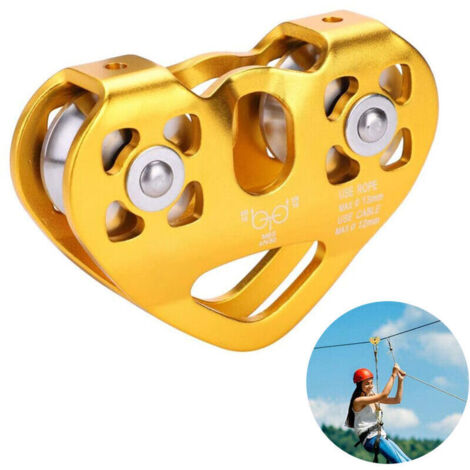 Poulie Tandem Speed Double Trolley Sauvetage Escalade Double Poulie avec Roulement à Billes Rock/ Simple Poulie Aluminium Fixe Eye Escalade Poulie, or (1/4)