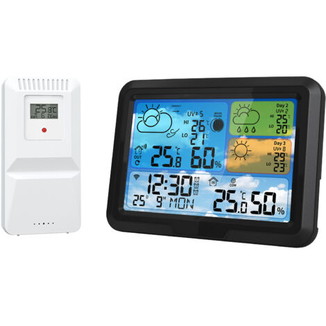 Station Météo Intelligente WiFi Tuya avec Horloge - Thermomètre/Hygromètre Intérieur/Extérieur sans Fil, Prévisions Météo sur 5 Jours, Alarme et Calendrier - Compatible Application Smart Life - Grand 