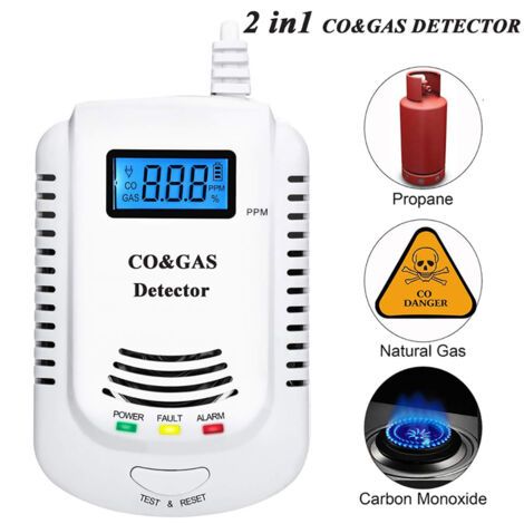 Détecteur de Gaz 2-en-1 CO et Gaz Combustibles - Alarme de Monoxyde de Carbone avec Détection de Méthane, Propane, Butane et Gaz Naturel - Avertisseur Sonore et Visuel, Écran LCD Couleur, Prise Secteu