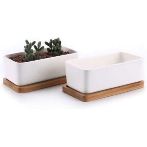 17cm Pot de Succulent en Céramique avec Plateau en Bambou Blanc Lot de 2, Cactus Plante Planteur Cache Pot Jardinière Contenant Cadeau pour Anniversaire Mariagedyk-alovez (1/4)