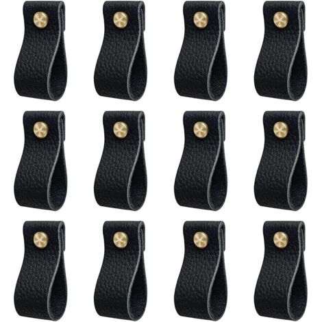 Poignee de meuble cuisine, lot de 12 poignée meuble en cuir, poignée de porte avec écrous vis, anti-collision bouton de porte de armoire tiroir commodes, Beau cadeau, noir (1/5)