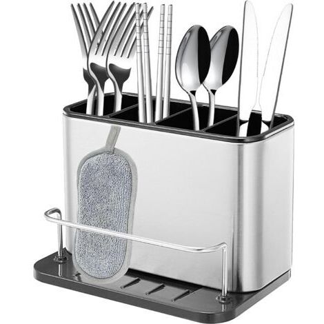 Egouttoir à Couverts, Fourchette Cuillère Organisateur Rack Avec 4 Compartiments avec Égouttoir, pour Couteau et Fourchette, Cuillère, Panier de Séchage pour évier(Acier inoxydable)dengyank