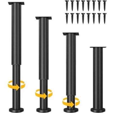Ensemble de 4 pieds de meubles réglables, hauteur réglable de 25 à 43 cm, pieds de meubles en métal noir pour armoires, supports TV, lits, canapés, tables de chevet, chaises et meubles de salle de bai