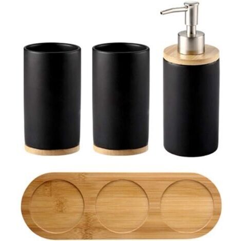 Set of 4 Ceramic Bathroom Accessories Set Toothbrush Holder Soap Dispenser Cup Bamboo Tray (1/5)
