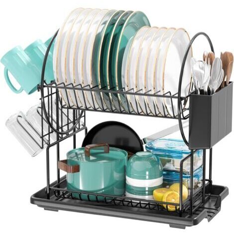 Egoutoire Vaisselle Cuisine Noir à 2 Niveaux en, INOX avec Porte-ustensiles et bac d'égouttement