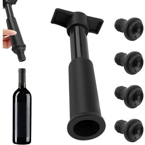 Pompe à Vide Vin avec 4 Bouchons Réutilisables, Bouchon Bouteille Vin et Champagne Garde Bulles, Accessoires Vin pour Conserver le Vin Frais, Pompe A Vide à Main (1/5)