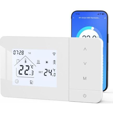 Beok Thermostat Chaudiere gaz à Pile,Thermostat WiFi Mural,Thermostats Connecté 2 Fils,Programmable quotidiennement,Alimentation par Batterie ou USB,Commande vocale Via Alexa ou Google Home,Blanc