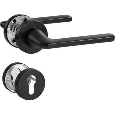 Black Door Handle Denture Trim Brushed Matte Stainless Steel Handle for Entrance and Interior Door, L Shape, Round Rosette, PZ - Profile Cylinder