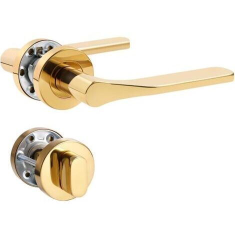 Poignée de porte dorée en acier inoxydable mat - Poignée de porte pour porte d'entrée et porte intérieure - En forme de L - Avec rosace ronde