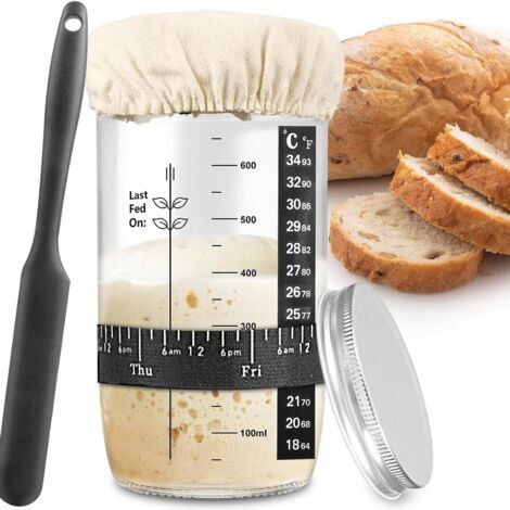 Bocal de démarrage pour levain 730 ml, kit de démarrage en verre avec ruban d'alimentation datte, thermomètre, couvercle, spatule en silicone, accessoire de cuisson réutilisable (1/4)