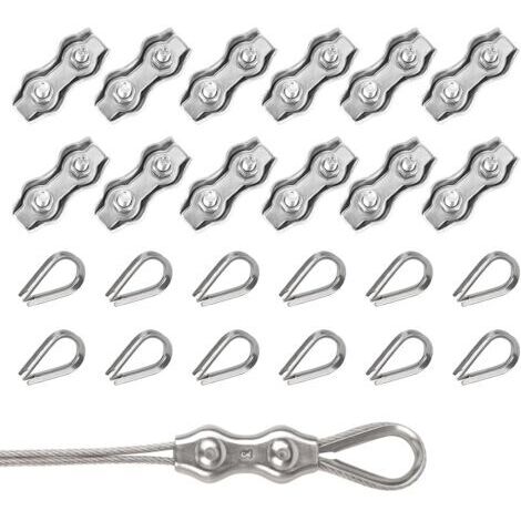 Duplex Clips Serre-Câbles 24 Pièces M3 Duplex Clips avec M3 Cosse Coeur,304 Serre Cable Acier 3mm Pinces Duplex pour Cable Acier 2mm,Serre Cable pour Auvent Tendeur de Corde à Linge Fixe