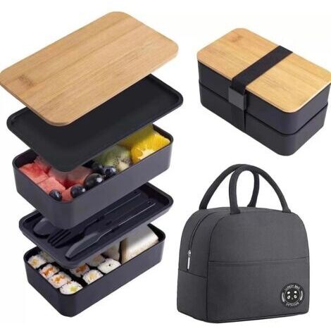 Bento Lunch Box 2 Couches Boite Repas Compartiment 1200 ml Lunchbox Hermétique avec Couverts Kit et Sac Isotherme Repas Boite Bento pour Adultes Enfants Pique-Niques Travail L'école (Noir) (1/5)