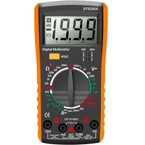 Multimètre Numérique 2000 Comptage, DT9205A CA/CC Professionnel Voltmètre, Ampèremètre, Ohmmètre, Testeur Électrique Automatique LCD, pour Tension Courant Résistance Circuit Diode Transistor