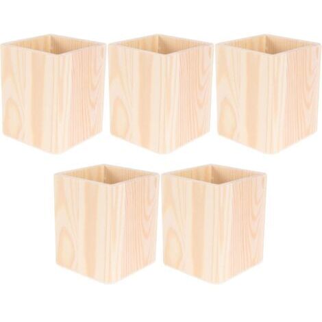 Set of 5 Unfinished Wooden Pencil Pots 10 x 8 x 8 cm Versatile Desk Organiser for Pens Makeup Brushes and Supplies DIY Storage Holder (1/5)