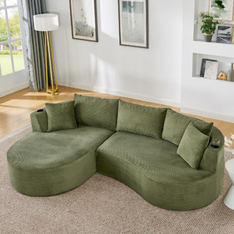 Canapé 3 places avec chaise longue gauche, tissu côtelé doux, porte-gobelet, vert (1/5)