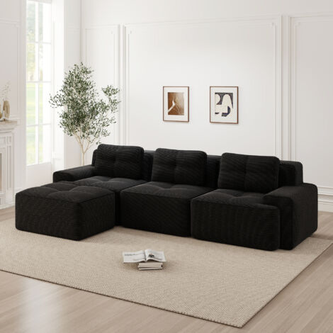 Canapé modulaire Cloud en velours côtelé 3 places avec ottoman, noir (1/5)