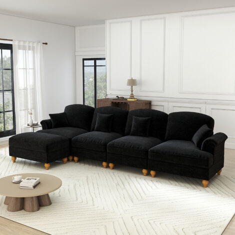Canapé d'angle modulaire 4 places en chenille – assise profonde, pieds fuselés, jupe amovible – gris (1/5)