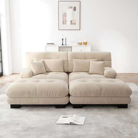 Canapé 2 places Cloud en chenille beige clair avec poufs et coussins lombaires (1/5)