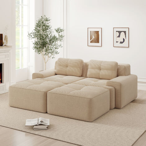 Canapé modulaire Cloud en velours côtelé, forme U avec ottoman, beige