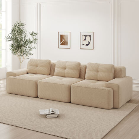 Canapé d'angle modulaire Cloud en velours côtelé, assise profonde 74 cm, beige (1/5)