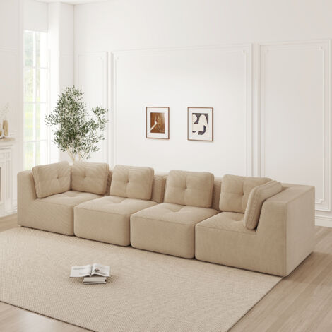 Canapé d'angle modulable 4 places en velours côtelé beige, assise profonde et montage non requis