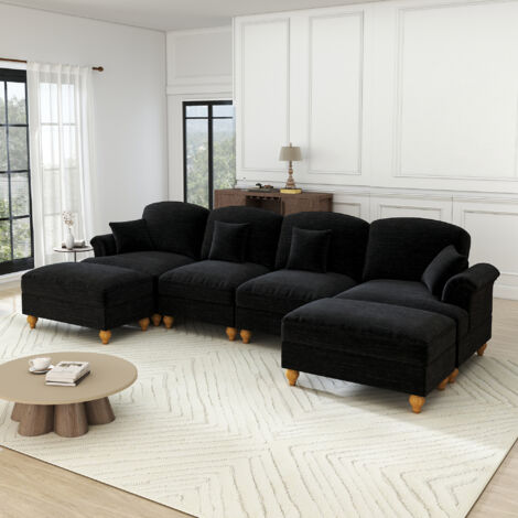 Canapé modulaire U 4 places en chenille, accoudoirs entonnoir, pieds fuselés – Noir (1/5)