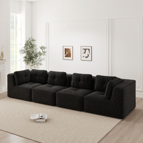 Canapé d'angle modulaire 4 places en velours côtelé, assise profonde, noir (1/5)