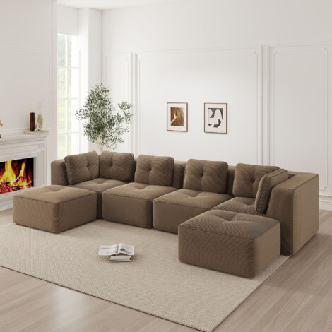 Canapé modulaire sans structure U avec ottomane antidérapant marron (1/5)