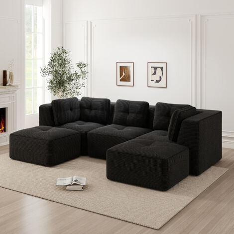 Canapé d'angle modulable en U en velours côtelé, assise profonde, noir