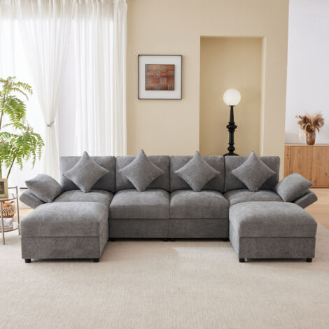 Canapé modulaire U/L en tissu chenille gris avec 2 poufs et accoudoirs réglables (1/5)