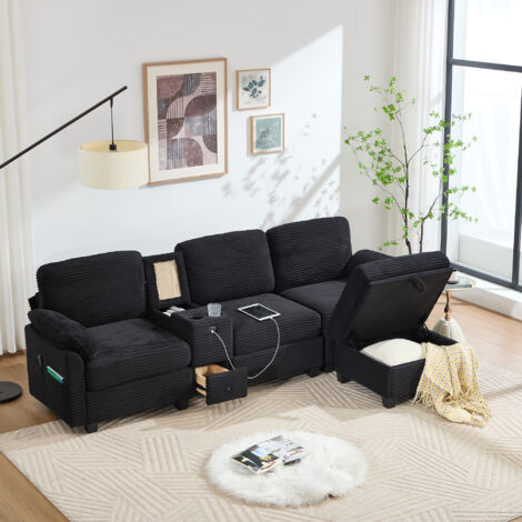Grand canapé en velours côtelé avec mousse mémoire et console centrale – Gris (1/5)