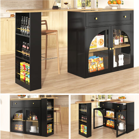 Ausziehbarer Bar-Tisch (mit Stauraum, 138–204 × 39 × 104 cm), 360° drehbarer Essbereich, moderner mobiler Bar-Tisch, Hochtisch/Kücheninsel/Bistro-Tisch, Sideboard mit Ablagefläche und Glastür, schwarz (1/5)