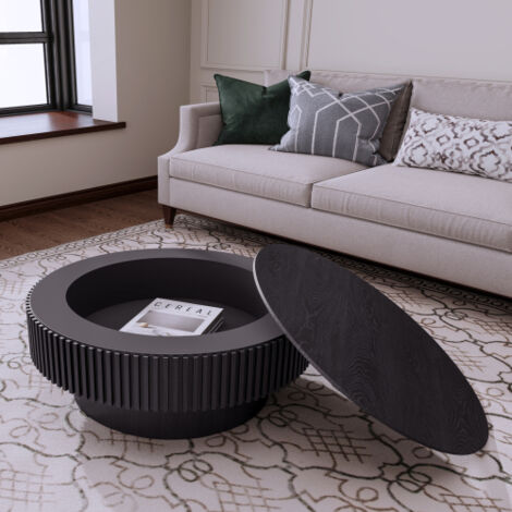 Table basse ronde en bois massif plaqué, 75 cm de diamètre, avec compartiment de rangement intégré – design moderne pour salon, chambre, appartement ou bureau – couleur noire (1/5)