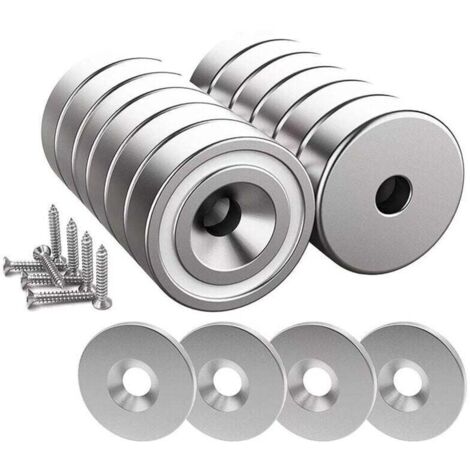 12 aimants néodyme (N52), 10 kg par pièce, 20 × 7 mm avec trou central, étui de protection inclus, socle conique + vis + 12 rondelles en acier inoxydable (argenté)