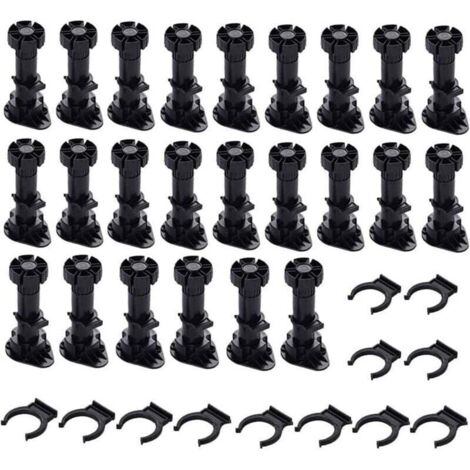 Promotion : 24 pieds de meuble en plastique réglables, noir, avec base à clips pour fixation rapide – adaptés aux cuisines, armoires et canapés (1/5)