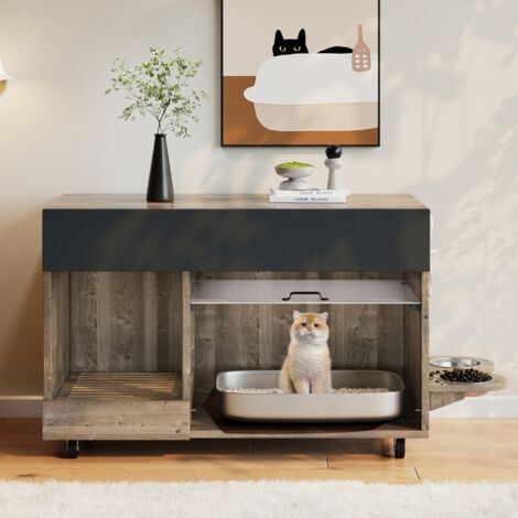 Armoire portable pour litière chat – avec compartiments pour nourriture, bac de récupération des granulés, plaque perforée avec crochets, sans litière incluse, dimensions 100 x 45,5 x 67 cm, finition (1/5)