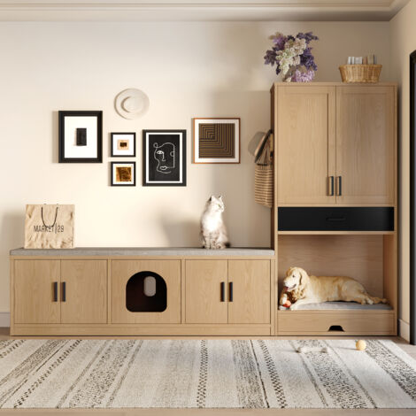 2-en-1 Meuble Multifonction pour Animaux : Banquette-Table-Basse avec Tiroirs + Armoire Haute – Lit pour Chien, Cachette pour Chat, Griffoir, Gamelle et Rangement Intégré – Design Compact avec Espace (1/5)