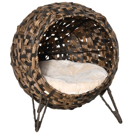 Maison pour chat en rotin avec coussins intégrés – Tanière confortable sur pieds surélevés, diamètre 52 cm × hauteur 58 cm, couleur brun naturel (1/5)