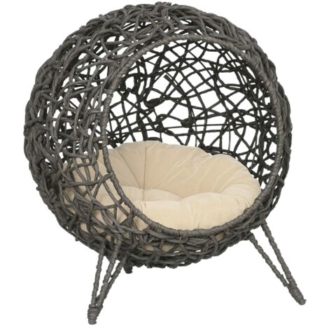 Maison pour chat en rotin avec coussins, tanière confortable sur pieds surélevés, couleur gris argenté, Ø52 × 58 cm – idéale pour dormir, se cacher et se détendre (1/5)