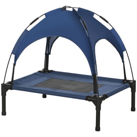 Lit surélevé pour chien extérieur avec auvent UV et ventilation, 61 × 46 × 62 cm, en taffetas respirant bleu foncé – confort optimal et protection solaire (1/5)