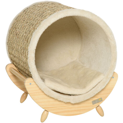 Tanière pour chat avec étagère intégrée, couchette confortable et griffoir en pin naturel – Matériau doux en flanelle couleur kaki, tons neutres beige et naturel – Dimensions : 41 × 38 × 43 cm (1/5)