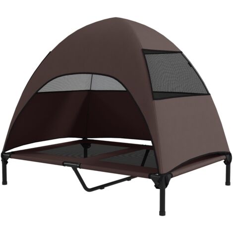 Lit de jardin surélevé pour chiens avec auvent – Couchette extérieure résistante pour grands chiens, dimensions 106 x 76 x 99 cm, couleur café (1/5)