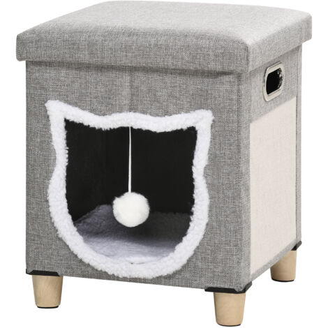 Tanière pour chats « Katzenhöhle Ottomane » avec coussin intégré, griffoir intégré, balle jouet attachée, fond antidérapant, couleur gris, en polyester, idéale pour chat domestique (1/5)