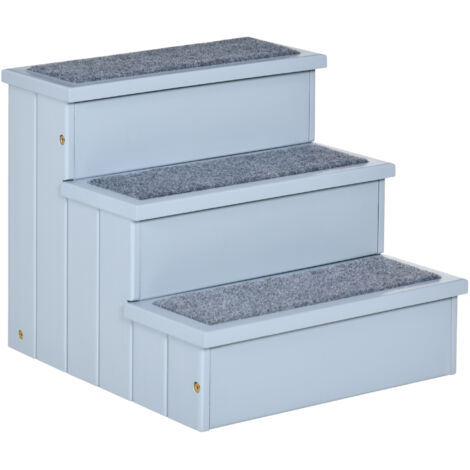 Escalier pour animaux domestiques avec 3 marches recouvertes de moquette grise – Dimensions : 40,5 × 44,5 × 38 cm – Conçu pour chiens petits et chats – Avec compartiment de rangement intégré (1/5)