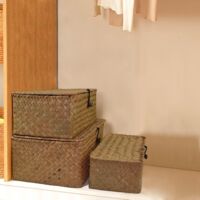 FEILANDUO Lot 2 Paniers Rangement Osier Avec Couvercles - Jonc Mer Naturel Bohème - Grand Et Petit