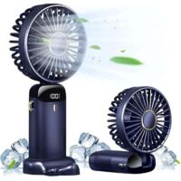 1 pc Handheld Fan with Base, Mini Portable Fan USB Rechargeable, 5 Speeds and LED Display , Operated Desk Fan Foldable,Quiet Working for Office,Bedroom,Outdoor Activities and Travel (Blue)