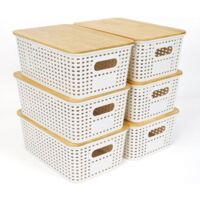 Set of 6 Stackable Storage Boxes with Bamboo Lids,White Plastic Storage Boxes with Lid 25.7 x 18 x 10.6 cm