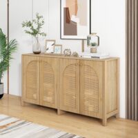 Moderne, schlichte Sideboard mit 4 Rattantüren und Metallgriffen – einfaches Esszimmer-Sideboard für Esszimmer, Wohnzimmer und Küche (Naturholzfarbe)