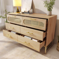 Weidenkorb-Sechsfächer-Sideboard, Schminktisch, geeignet für Wohn- und Schlafzimmer, Metallgriffe, Kippsicherung, 120 × 40 × 74 cm, Farbe Sonoma-Eiche